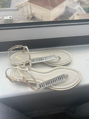 Brian Atwood Beige Jeweled T-Strap Sandals